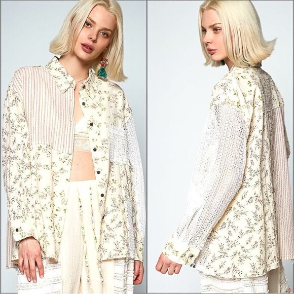 POL Oversized Shirt Lace Patchwork Floral Button-Up Long Sleeve Boho Large NEW - Picture 4 of 5